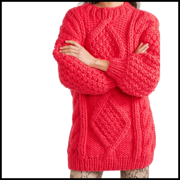 I Love Mr. Mittens Sweaters - I Love Mr. Mittens Diamond Oversized Cable Knit Wool Sweater in Red